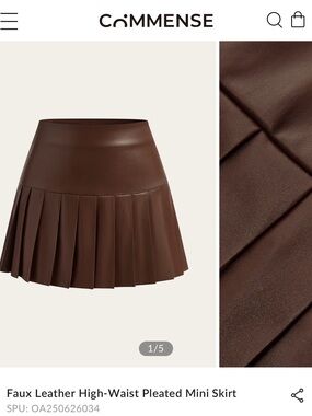 Commense Brown Faux Leather High-Waist Pleated Mini Skirt